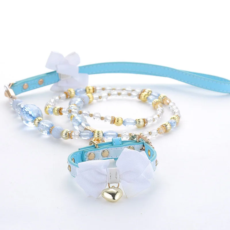 

Pu Leather Dog Bow Design Traction Rope Set Delicate Dog Chain Small Dog Cat Collar Pet Blue Crystal Beads Collar Dog LeashZA524