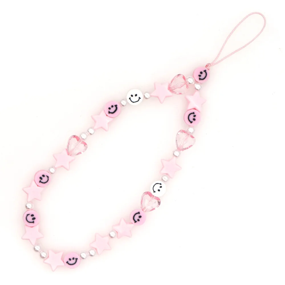 Colorful Smile Pearl Star Soft Pottery Mobile Phone Strap Lanyard For Women Ladies Fashion Jewelry Phone Case Hanging Cord