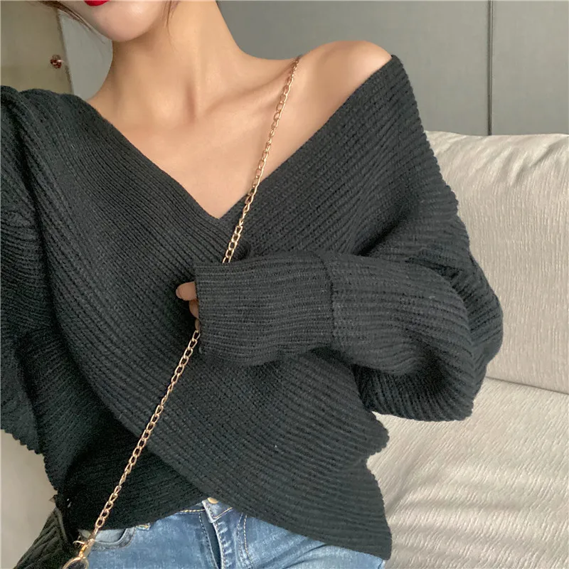 

GoneGoing 2021 Spring Sexy Deep V Neck Loose Sweater Fashion Korean Club Knit Long Sleeve Blue Pullovers 0225