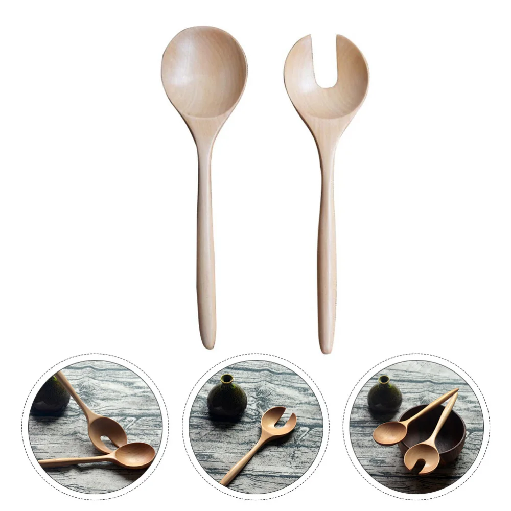

1 Set 2pcs Salad Spoon Round Wood Spoon and Fork Salad Servers Wood Color
