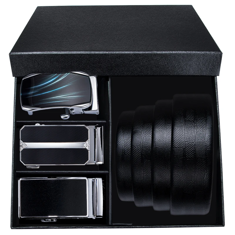 Hi-Tie Business Style Cowskin Genuine Leather Belts for Men Automatic Buckle Blue Belt with gift box Luxury Men's Leather Belts