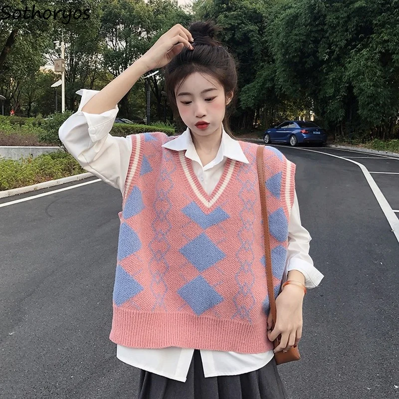 

Short Sweater Vests Women Sweet Loose Argyle Harajuku Trendy Knitted Teenagers New-arrival Lovely Autumn Outwear Jumpers Females