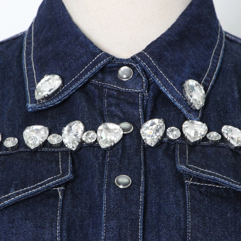 

TWOTWINSTYLE Casual Patchwork Diamond Jacket For Women Lapel Long Sleeve Denim Jacket Female Fashion New Clothing Spring Style