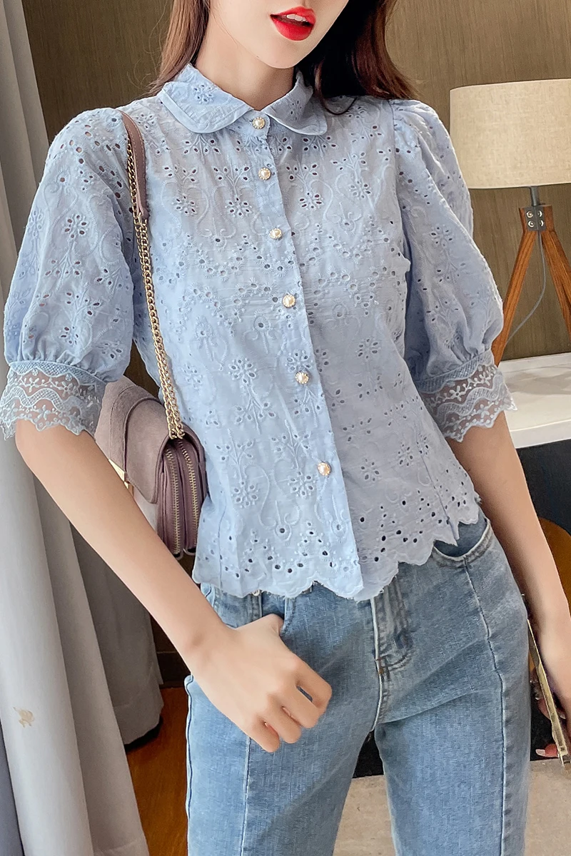 

2021 Summer Elegant White Blouse Women Lace Patchwork Shirt Lady Fashion Hollow Out Blouses Lady Cotton Embroidery Tops