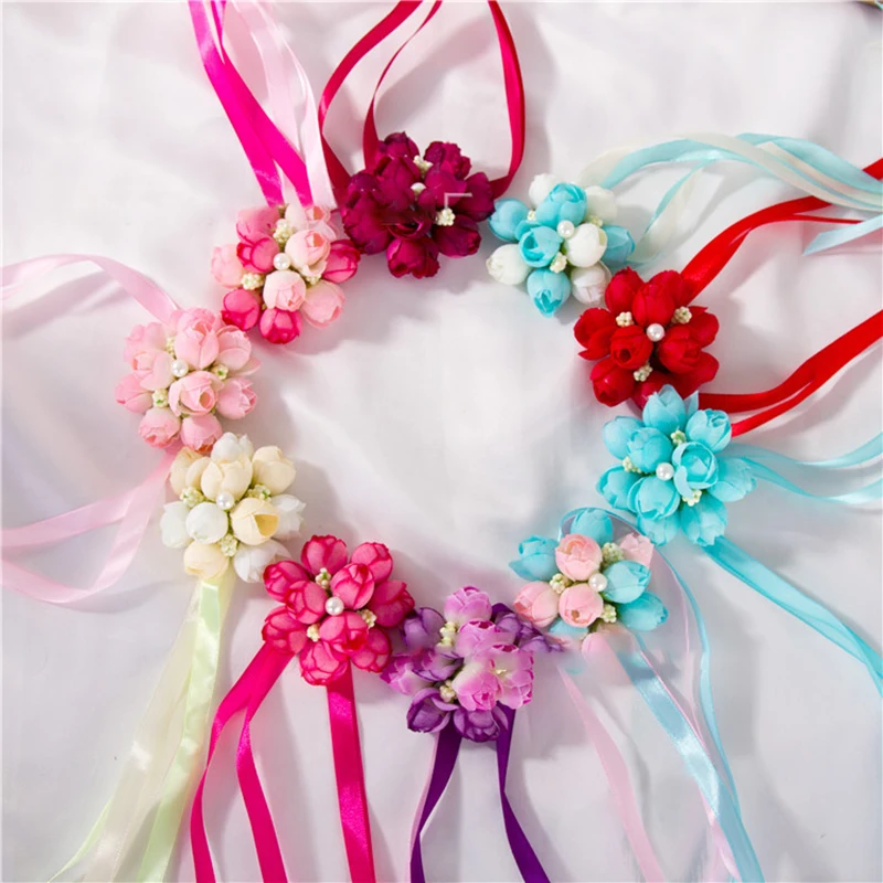 

Artificial Wrist Corsage Bracelet Silk Rose Flower Bridesmaid Hand Flower With Pearl Ribbon Wedding Decoration Party Accessories