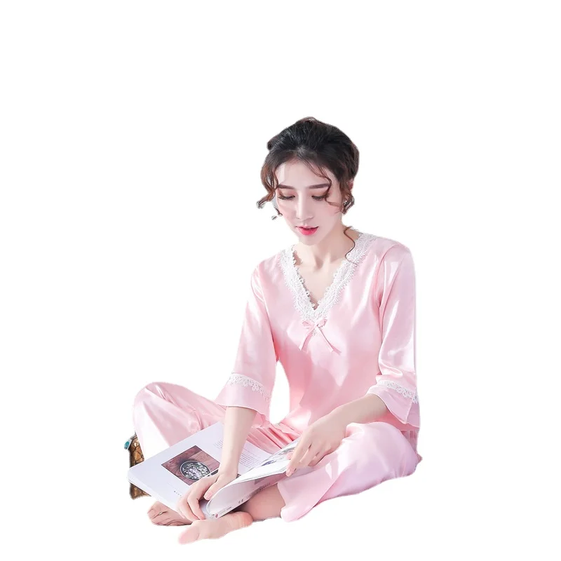 2021 New Women's Pajamas Lace Thin Home Clothes Ice Snow Silk Sexy Sleepwear 2Pcs Set Medium Sleeve Casual Nightwear Nightgown