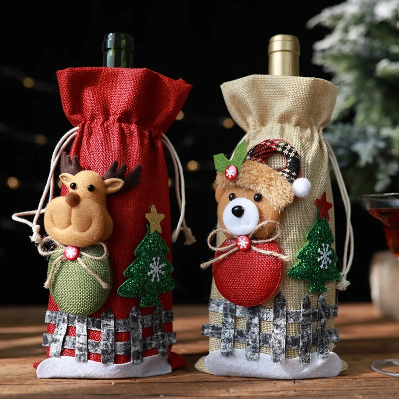 

3Pc Christmas Red Wine Bottle Covers Bag Linen Holiday Champagne Bottle Cover Christmas Decorations For Home