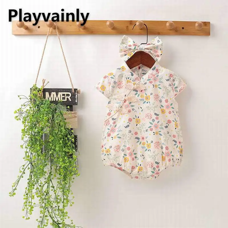 

2021 Summer Baby Girl Romper Floral sleeveless Cotton Cheongsam Romper +hair band 2pcs set Baby Girls Clothes E10041