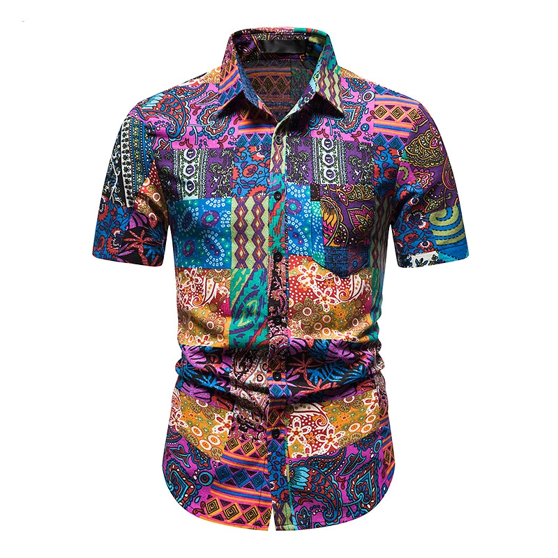 

Print Shirts Men Beach Casual Holiday Hawaiian Shirt Mens African Dashiki Ethnic Oversized Short Sleeve Camisas Cosy Streetwear