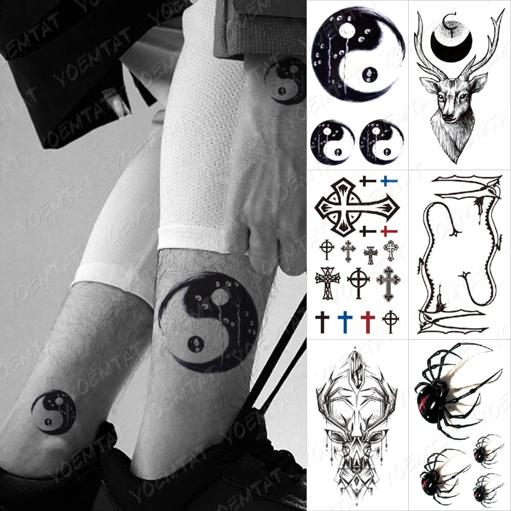 

Waterproof Temporary Tattoo Sticker Chinese Gossip Black Linear Geometric Cross Spider Leg Arm Fake Tatoo Man Woman Child Tatto