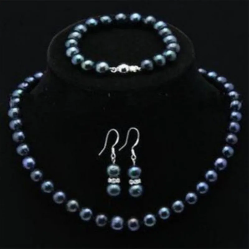 

Natural 7-8mm black Akoya Pearl Necklace Bracelet Earring 1 Sets 18" & 7.5"