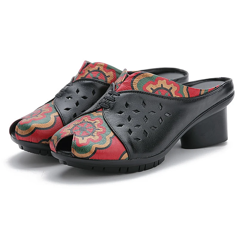 Сандалии женские из натуральной кожи танкетка с цветами Повседневные тапочки в