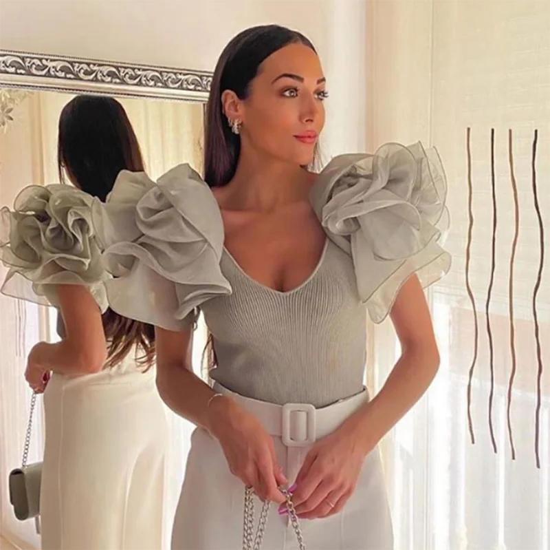 Женский топ с рукавами фонариками и органзой|Футболки| |