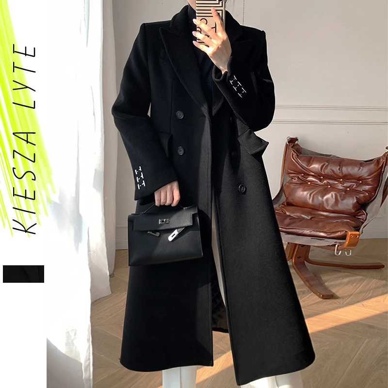 

High Qulity Woman Woolen Coats Winter Double Breasted Black Wool Long Coat Office Lady Fashion Elegant Outerwear