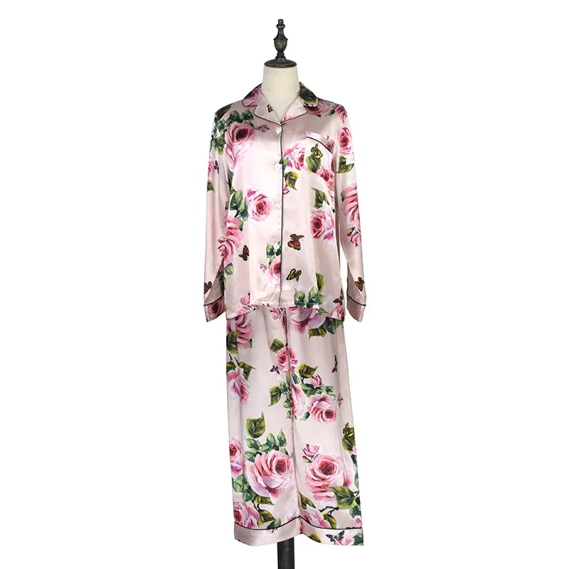 Women Silk Pajamas Set Sleepwear Spring Long Sleeve Mujer Pijamas Nuisette Lingerie Nightwear Silk Satin Rose Pyjamas Suit 2Pcs