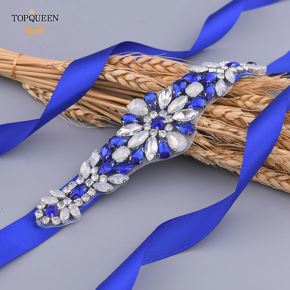 Ремень TOPQUEEN S424 для невесты Блестящий Пояс с бусинами официальных платьев синего