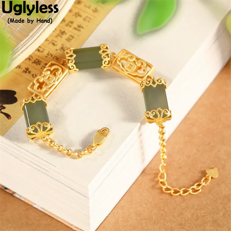 

Uglyless Vintage Palace Designer Hollow Square Medals Bracelets for Women Natural Jade Square Bracelets 925 Silver Jewelry Gold