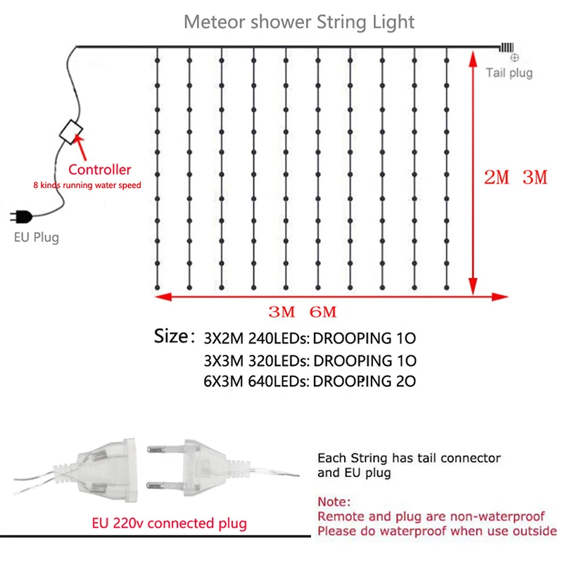 Рождественская сказочная Гирлянда-водопад 220 В вилка европейского стандарта