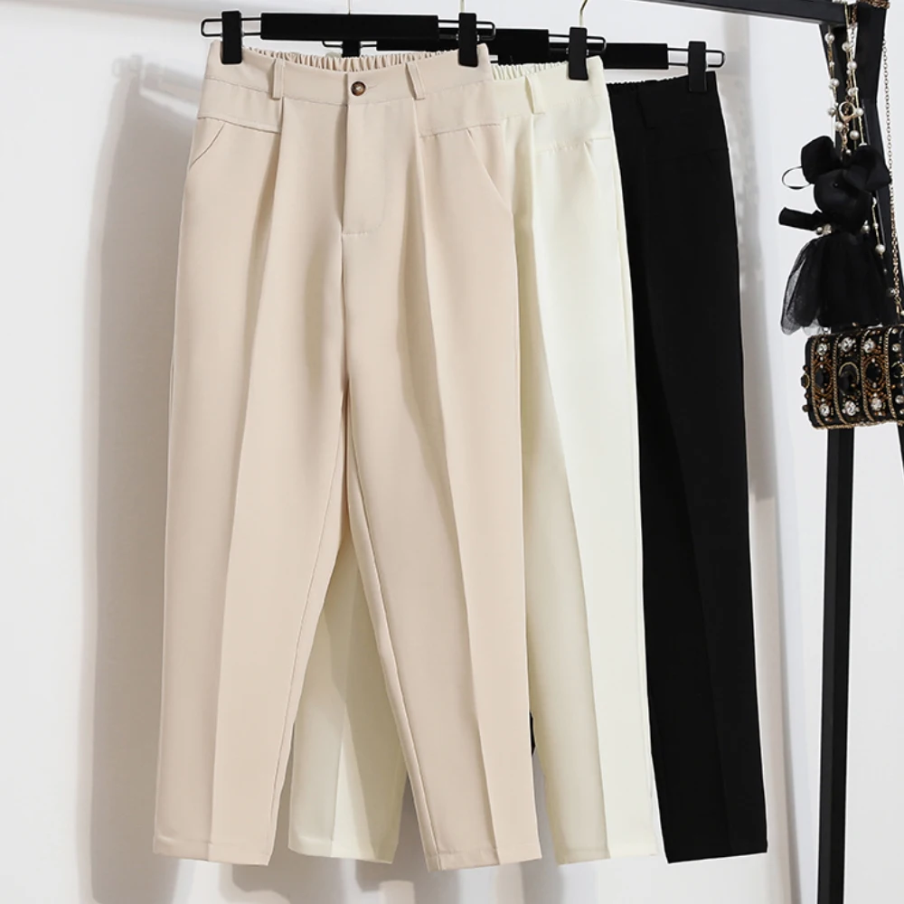 

Брюки женские свободные с эластичной завышенной талией, офисный костюм, модные повседневные Прямые Штаны, большие размеры, на лето