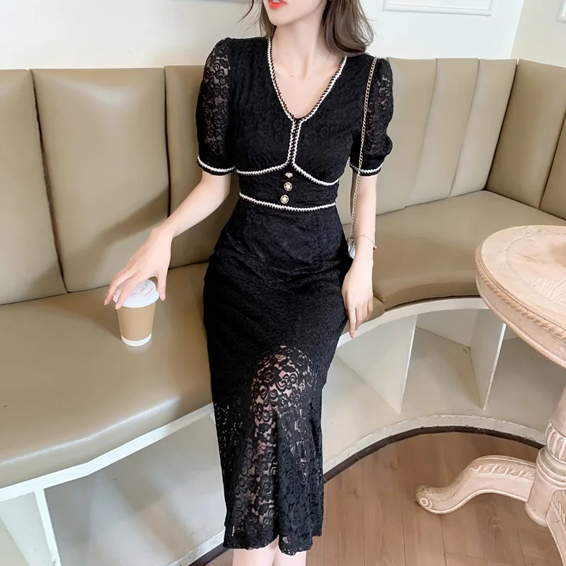 

WTIANYUW New Goddess Model Slim Lace Temperament Dress 2021 Summer New Fashion V Neck Celebrity Show Thin Package Hip Fishtail