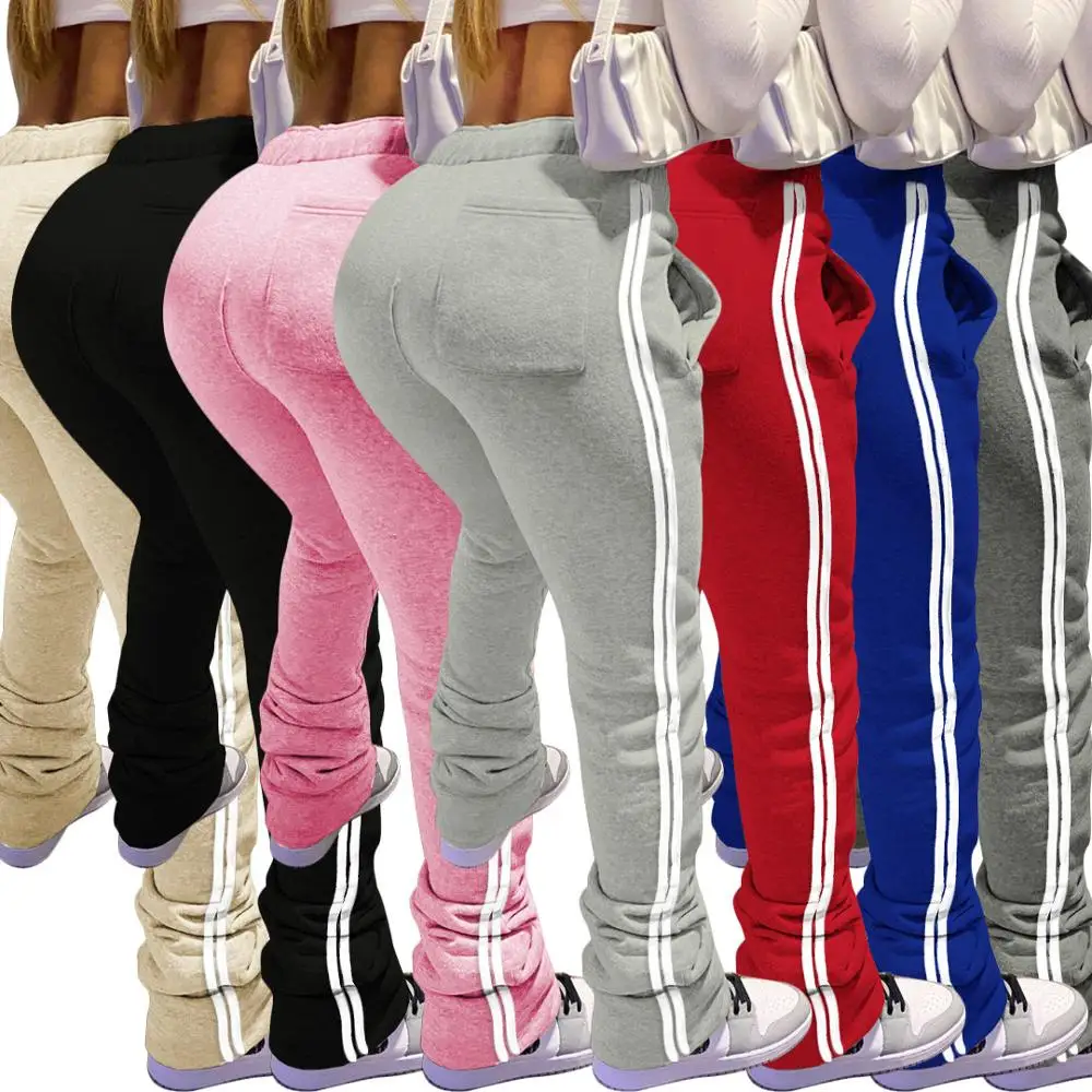 

Stripe Print Ruched Stacked Sweatpants Women High Waist Leggings Trousers Sportswear Sexy Stacked Tracksuit Pants