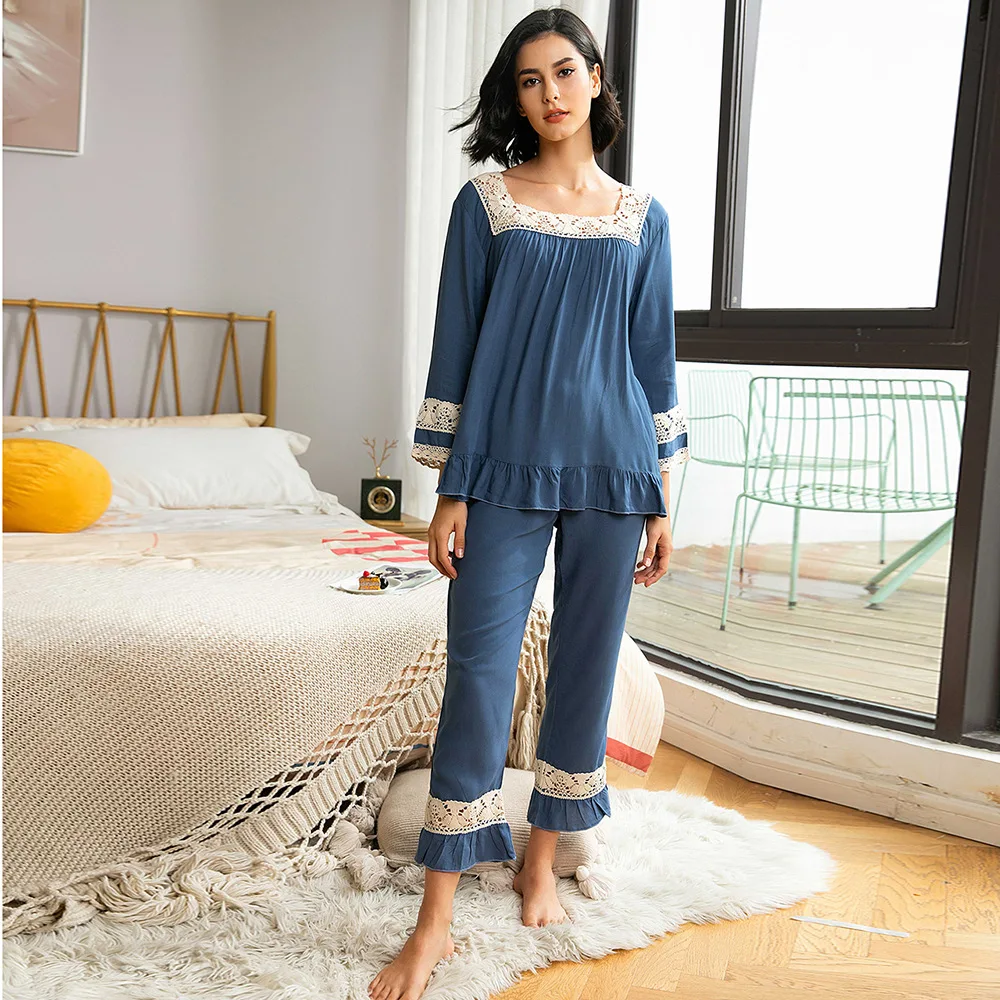 

Autumn and Winter Newest Casual Style Blue Color Lace Decor Stitching Home Wear Pajama Set Sleepwear Women's Cotton Clothes