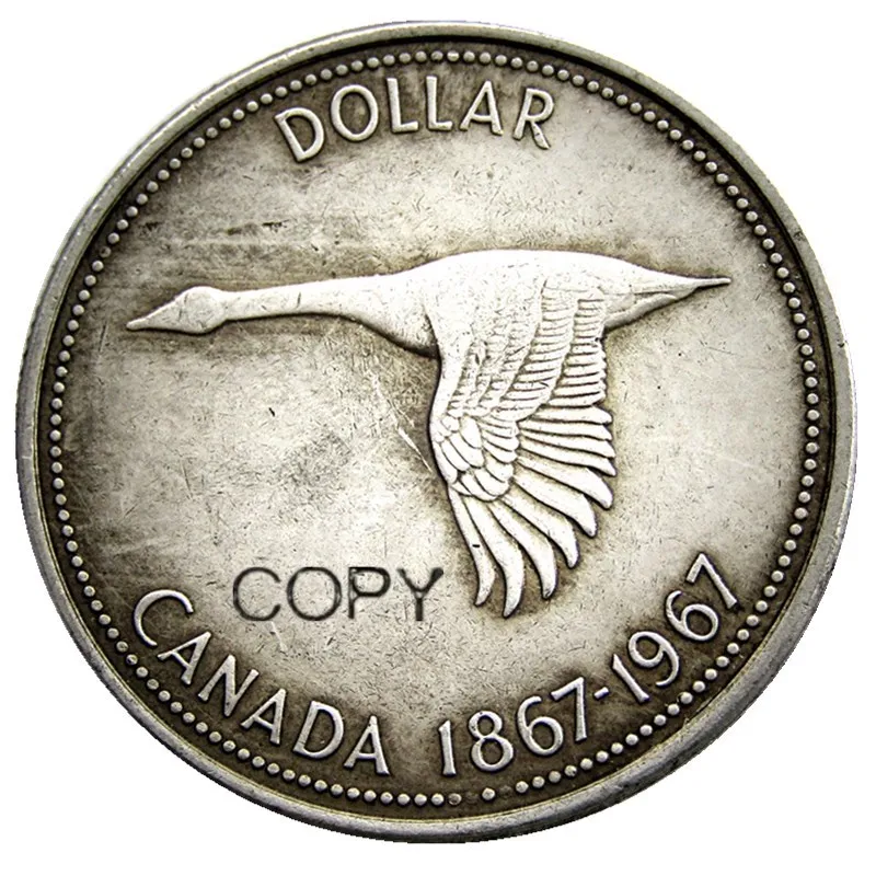 

Canada 1 Dollar 1967 ELIZABETH II DEI GRATIA REGINA (1st portrait) Canadian Dollar Silver Plated Copy Coins