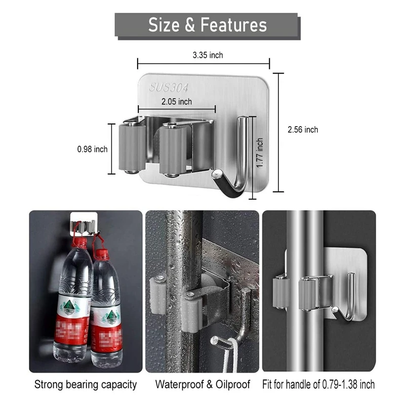 

4 Pieces Broom Holder 304 Stainless Steel Self-Adhesive Mop Holder Attached to the Clean and Flat Door Glass Wall Retail