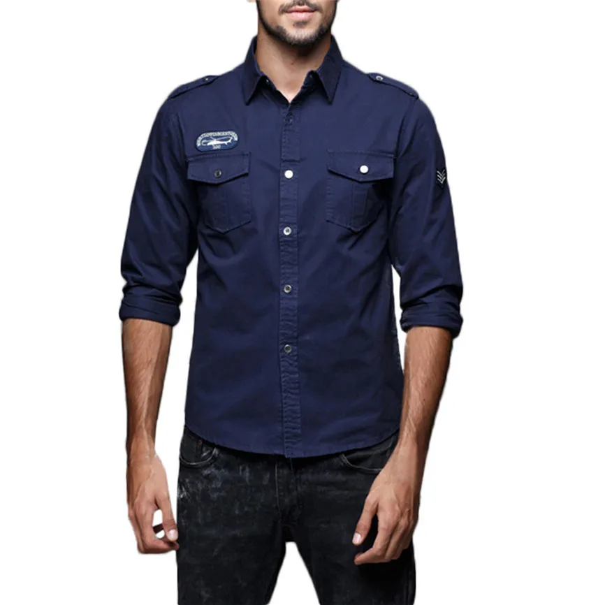 Мужские рубашки модные Осенние повседневные военные облегающие карго на