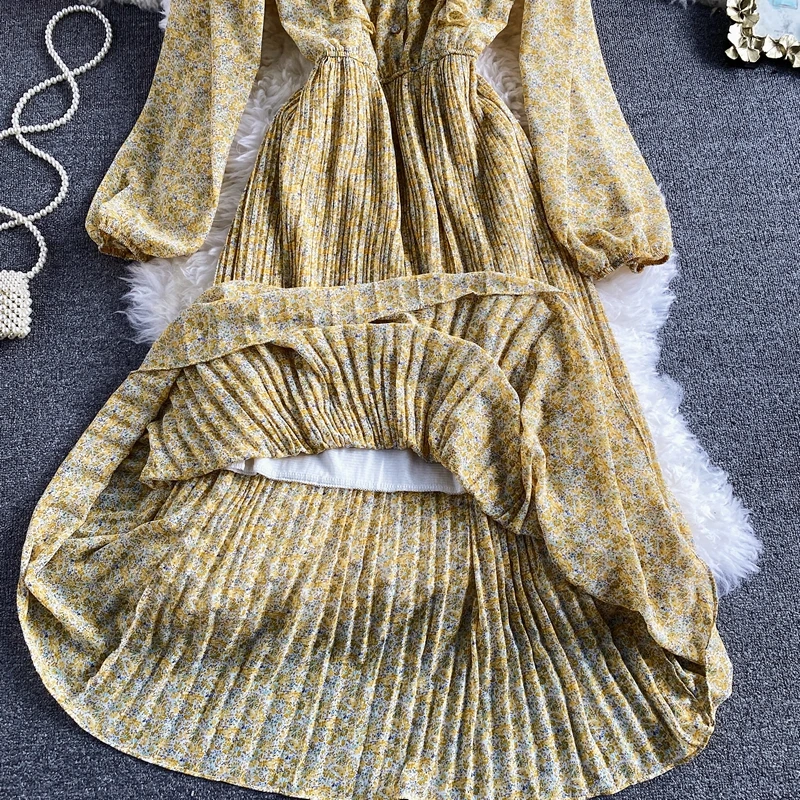 

Vintage Women Pleated Dress Elegant V-Neck Single Breasted Puff Long Sleeve Ruffle Draped Midi Vestidos Female New Spring Autumn