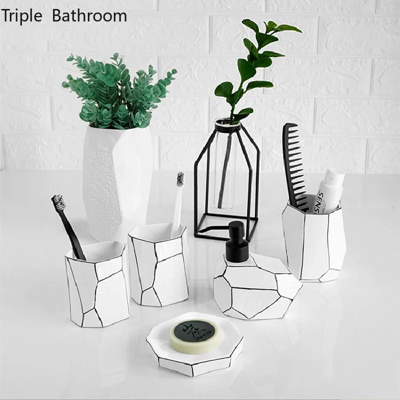 

Nordic Black Border Ceramic Home Hotel Bathroom Kit Toothbrush Holder Soap Dispenser Mouth Cup Soap Dish Five Piece Set Crafts