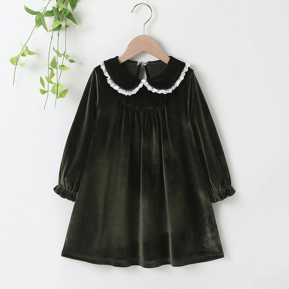 

Autumn Winter 2022 New Girls Dress Long Sleeve Peter Pan Collar Lace Velvet Green Black Solid Cute Sweet Baby Vestidos 2-6T