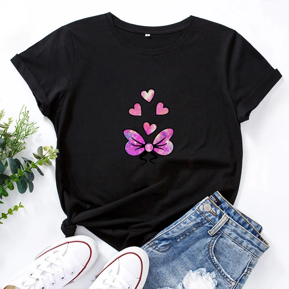 

Bow-knot Graphic Tee Women Love Tee Shirt Women Cute All-match Woman T Shirt Tops O-neck Casual Short Sleeve Tshirt