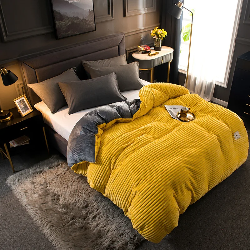 

Blanket Winter Thick Duvet Cover Coral Velvet Quilt Bed Covers Flannel Yellow Bedspread Solid Fleece Couple Bed Quilt Comforter