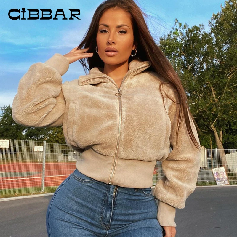

CIBBAR Autumn Winter New Solid Zipper Lambswool Women's Jacket Cost Casual Long Sleeve Solid Concise All-Match Street Outerwear