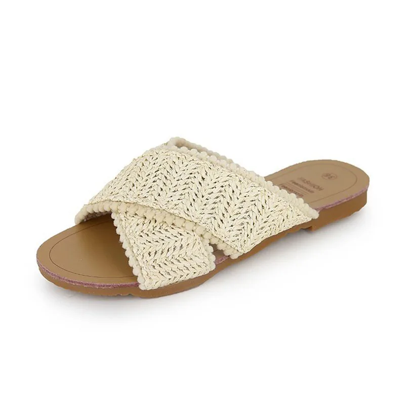 

Summer Cross Strap Hemp Weaving Sandals Ladies Straw Hollow Out Non-Slip Flat Bottom Shoes Linen Slippers Beach Casual Slides