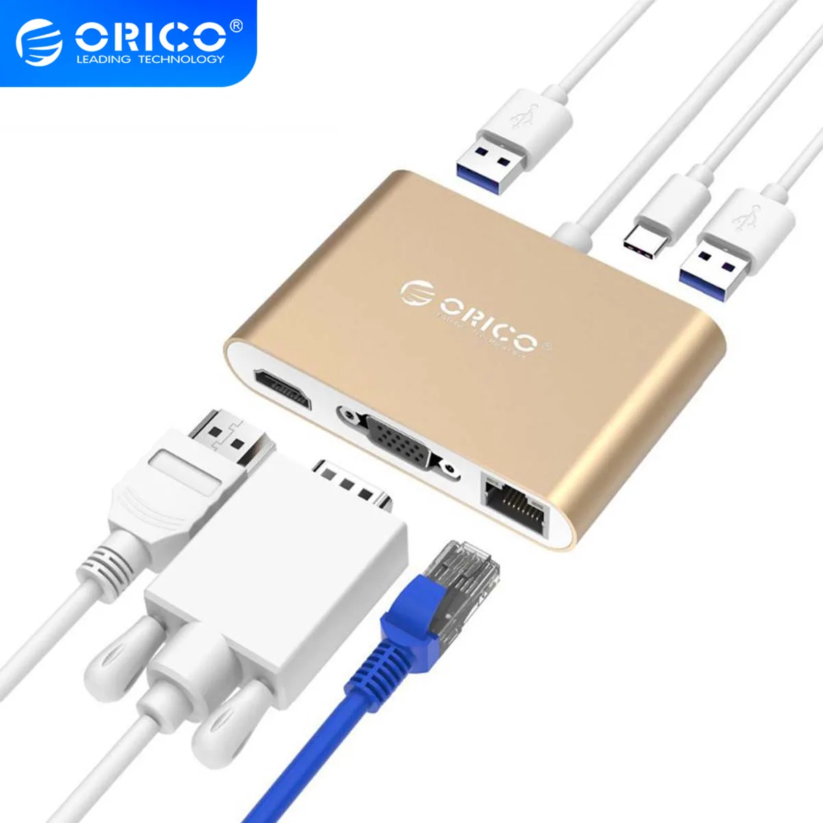 Алюминиевый Концентратор ORICO с переходником Type-C на VGA/HDMI-совместимый/RJ45/Type-C/Type-A