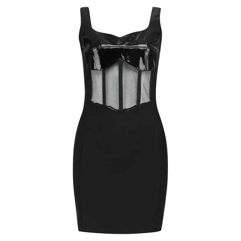 

2021 New Arrival Bandage Dress Elegant Leather Mesh Patchwork Bodycon Dress Women Summer Celebrity Night Club Runway Party Dress