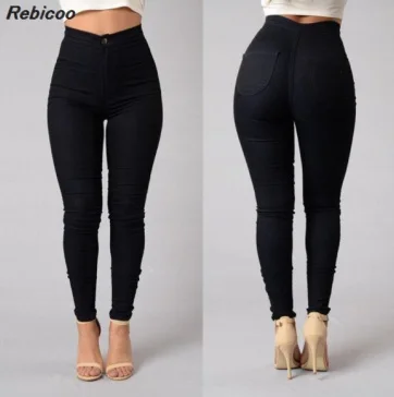 

New 2019 high waist jeans ladies fiber pocket design slimming pencil solid color tights trousers