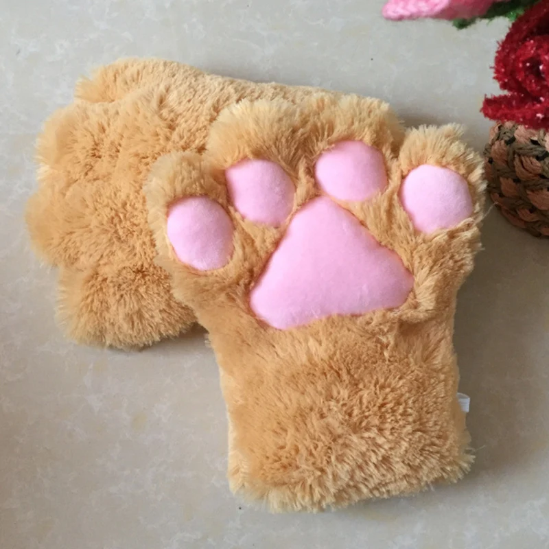 1Pair Lovely Plush Cat Paw Claw Gloves Winter Warm Fingerless Gloves Women Girls Fluffy Bear Paw Half Finger Gloves Mitten Gifts images - 6