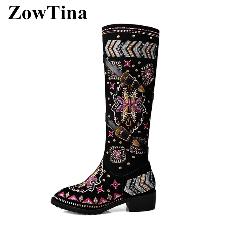 Женские винтажные длинные сапоги ручной работы до колена с вышивкой на высоком