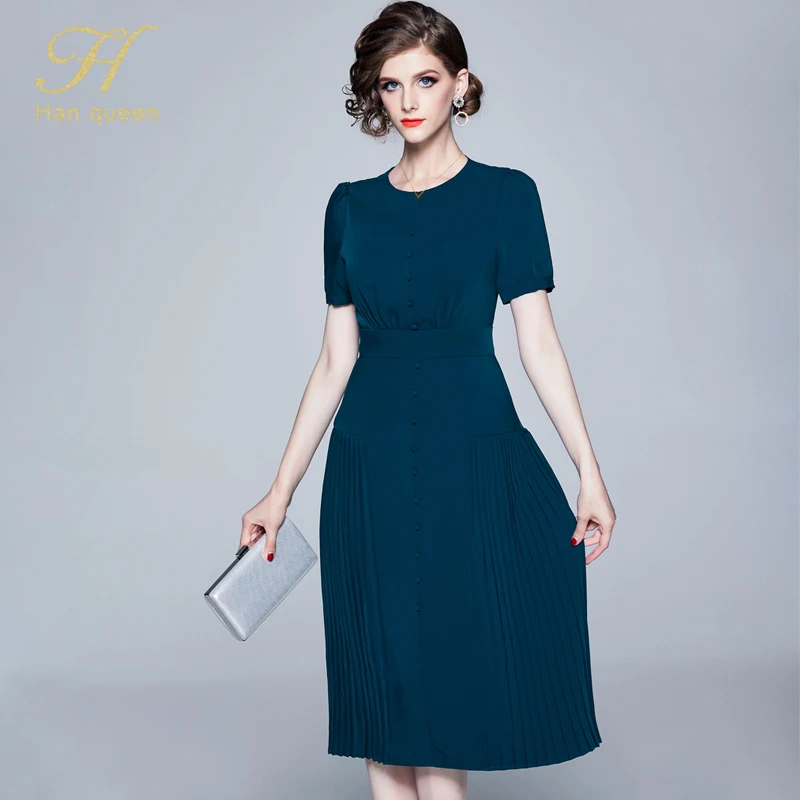 H Han queen женское осеннее подиумное складное вечернее платье vestidos дамское с круглым вырезом однобортное модное женское тонкое Повседневное платье для работы