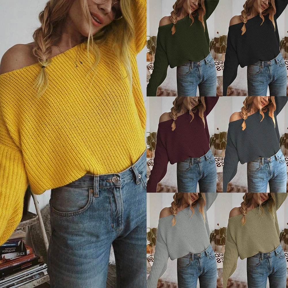 Womens Fashion Sexy Off Shoulder Knitted Sweaters Ladies Solid Color Long Sleeve Warm Slim Fit Casual Pullovers 2019 New | Женская