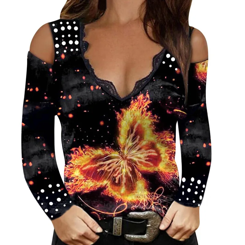 

2021 New Women Fashion Shirt Off Shoulder V-neck Blouse Sexy Long Sleeve Rose Butterfly Print Shirts Female Autumn Tops Blouses