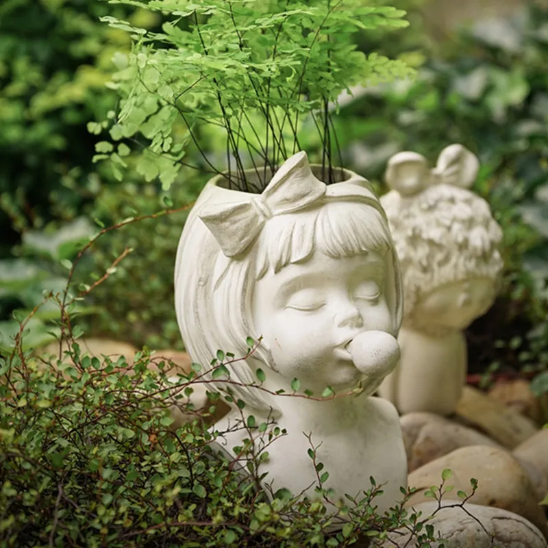 

Retro The Girl Blowing Bubbles Head Portraits Resin Can Hydroponics Flower Pot Creative Home Courtyard Art Decorations X3185