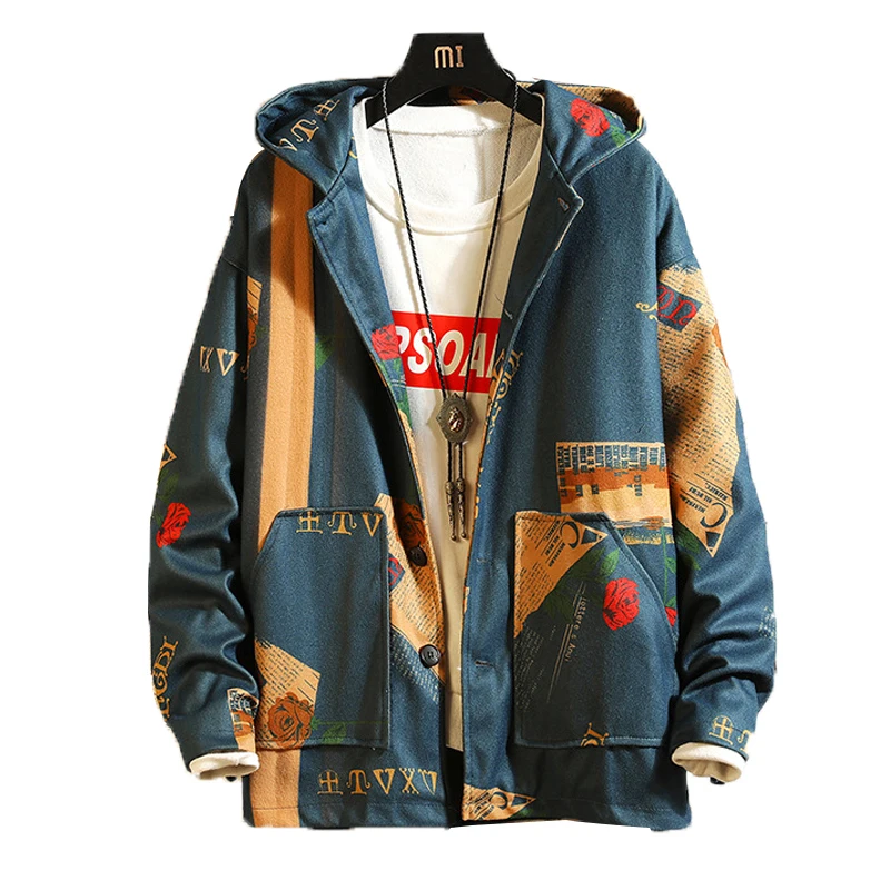 

JANPAN Korean Style Big Pocket Patchwork men's Spring Autumn Floral Hip Hop Jacket Men Streetwear Bomber Clothes Oversize S-5XL
