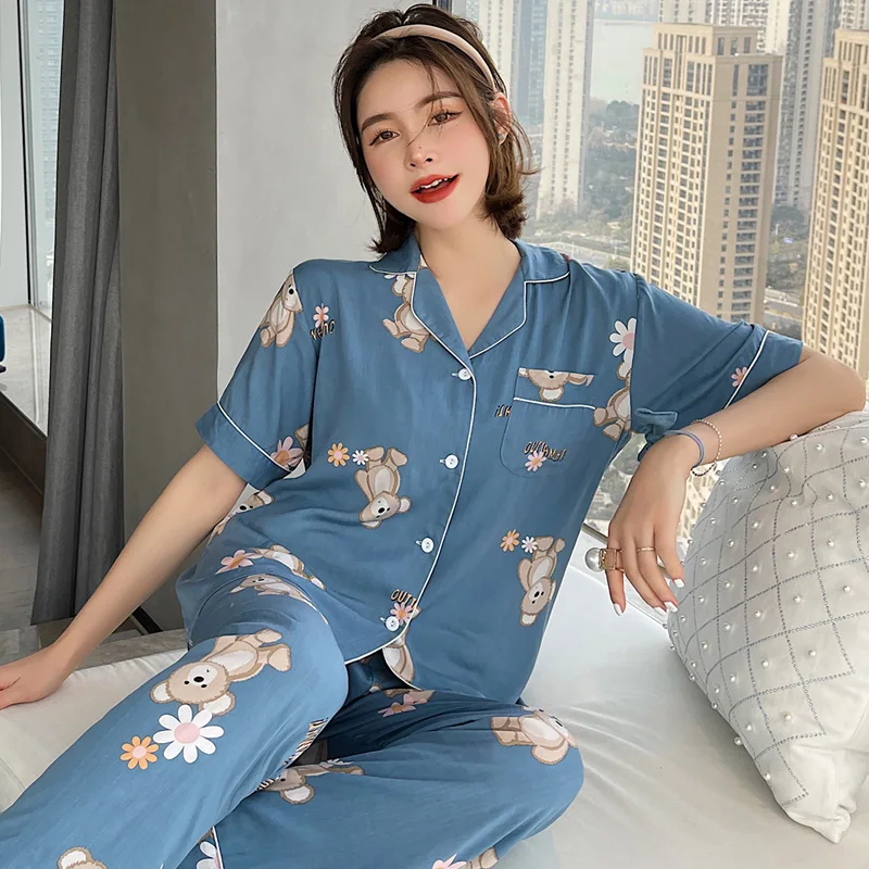 

Пижама женская с короткими рукавами и брюками, домашняя одежда из искусственного шелка в японском стиле, милый тонкий студенческий костюм-б...