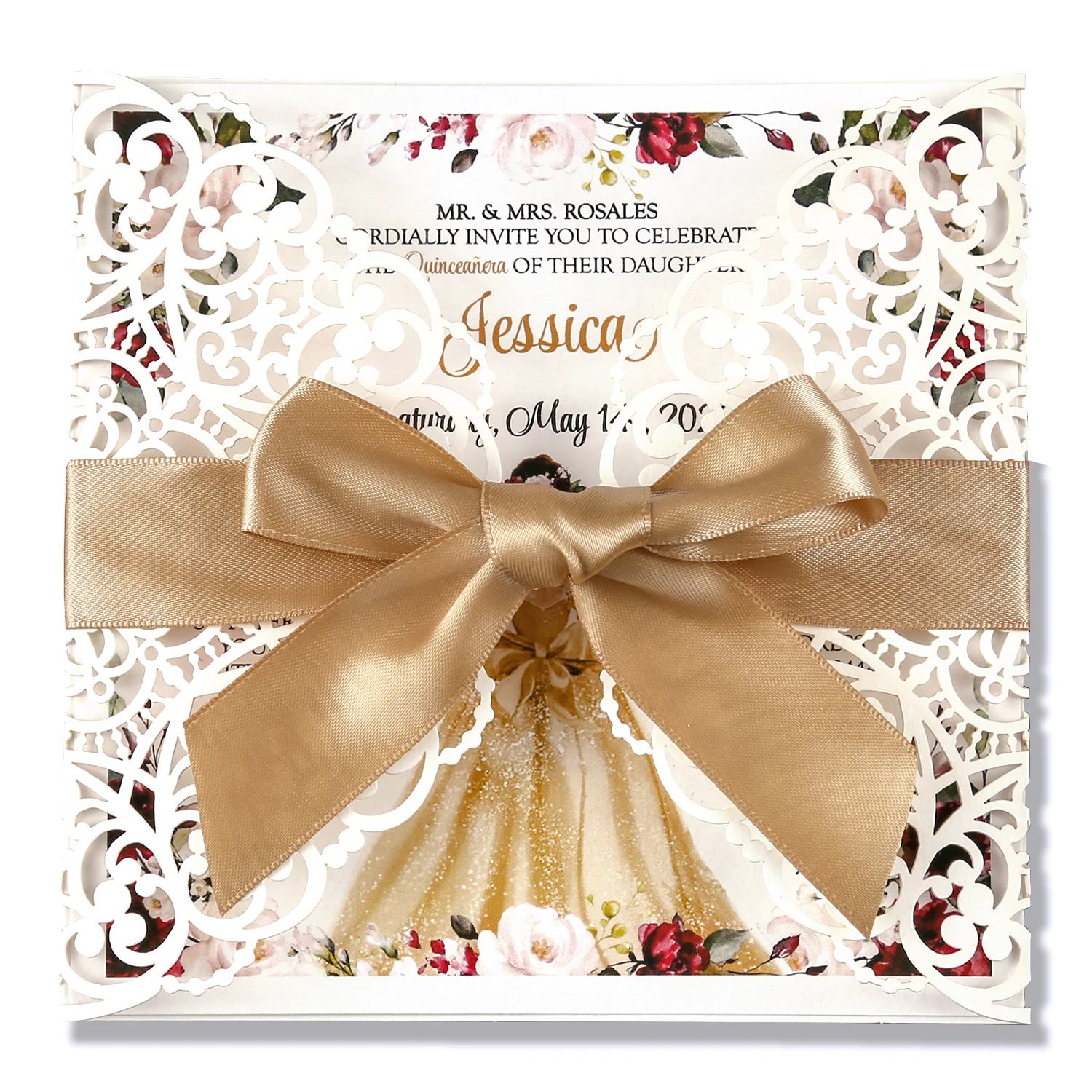 

100pcs Square Invitation Card Bridal Wedding Invitations, Baby Shower Invite, Birthday, with Gold Bowknot Hollow W0004