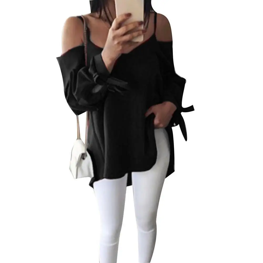 

Женская летняя блузка с открытыми плечами, рубашки с длинным рукавом и узлом, однотонная пикантная женская Свободная Повседневная рубашка, ...