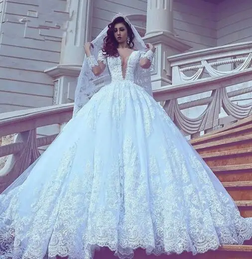 Белый Восхитительное бальное платье Vestido de noiva Арабская, Дубай Роскошные кружевные свадебные платья с длинными рукавами глубокий v-образный вырез бисером Свадебные платья для невесты - Цвет: Белый